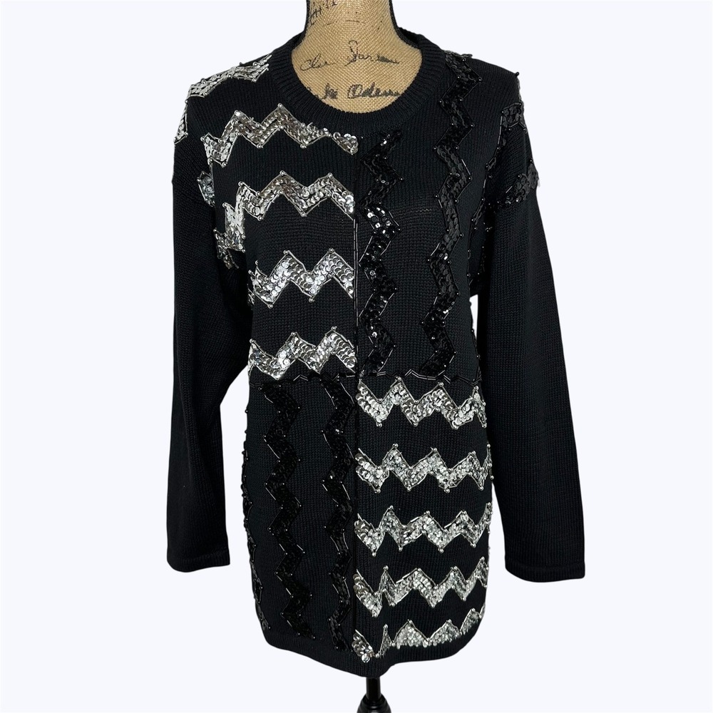 Victoria Harbour Tunic Sweater Black Silver Sequin Zig Zag Vtg Statement Sz L